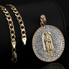 Catholic Round Si Guadalupe Pendant Cubic-Zirconia Gold Plated 18" Cuban Chain