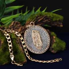 Catholic Round Si Guadalupe Pendant Cubic-Zirconia Gold Plated 18" Cuban Chain