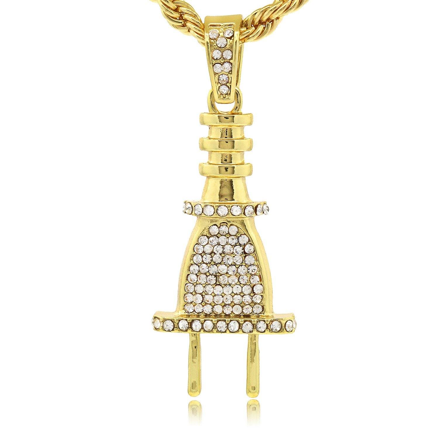 CZ FLAT PLUG PENDANT3 WITH GOLD ROPE CHAIN