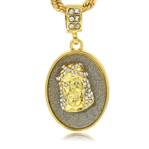 OVAL COIN JESUS PENDANT WITH GOLD ROPE CHAIN