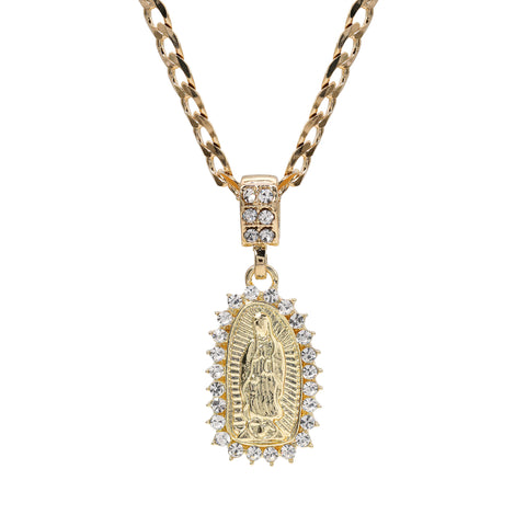 Catholic Spike Oval Guadalupe Pendant Cubic-Zirconia Gold Plated 20" Cuban Chain