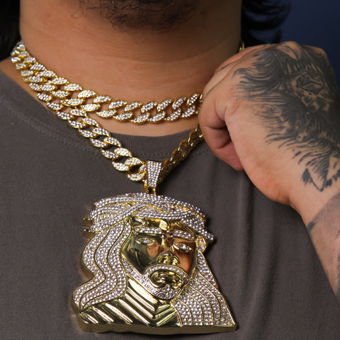 3pc Set Huge XXL Wide Face Jesus Gold Plated 18,20" Fully Cz Hip Hop Cuban Chain