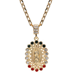 Catholic Colorful Guadalupe Pendant Cubic-Zirconia Gold Plated 20" Cuban Chain