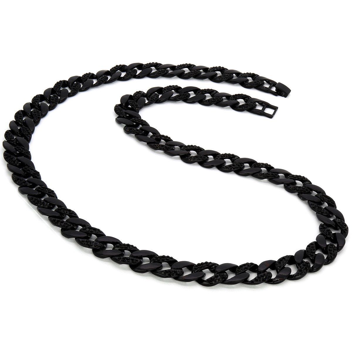 Black Plated Cuban Half Cz Chain Necklace 15mm 30" Inches