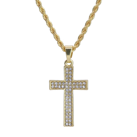 Micro 2 Row Cross Pendant 24" Rope Chain Hip Hop Style 18k Gold PT