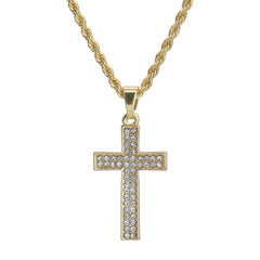 Micro 2 Row Cross Pendant 24" Rope Chain Hip Hop Style 18k Gold PT