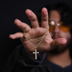 Micro 2 Row Cross Pendant 24" Rope Chain Hip Hop Style 18k Gold PT