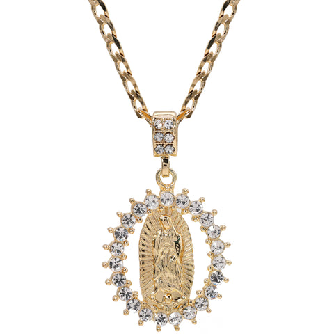 Catholic Spike Round Guadalupe Pendant Cubic-Zirconia Gold Plated 20 Cuban Chain