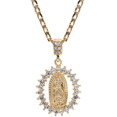 Catholic Spike Round Guadalupe Pendant Cubic-Zirconia Gold Plated 20 Cuban Chain