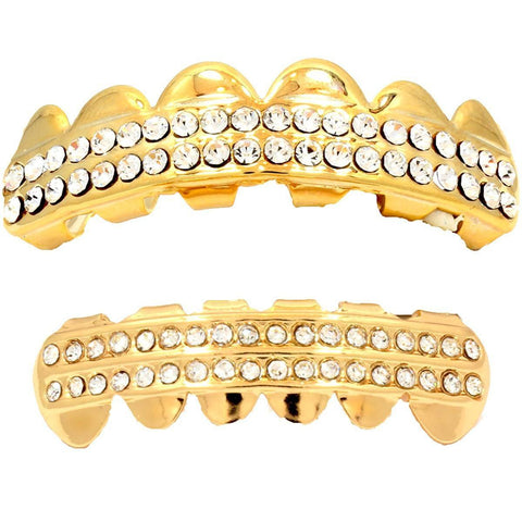 GOLD PLATED 2 ROW CLEAR BEST GRILLZ SET