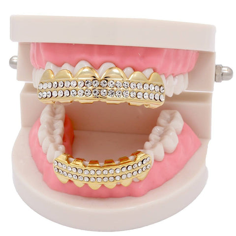 GOLD PLATED 2 ROW CLEAR BEST GRILLZ SET