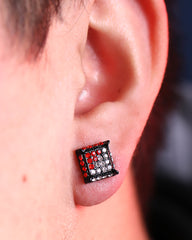 Men's Black Plated Clear/Red Cz Cube Hip Hop Micro Pave Stud Earrings
