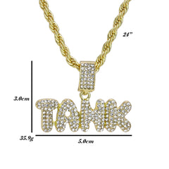 Iced Tank Letter Pendant 24"Rope Chain Hip Hop Style 18k Gold Plated