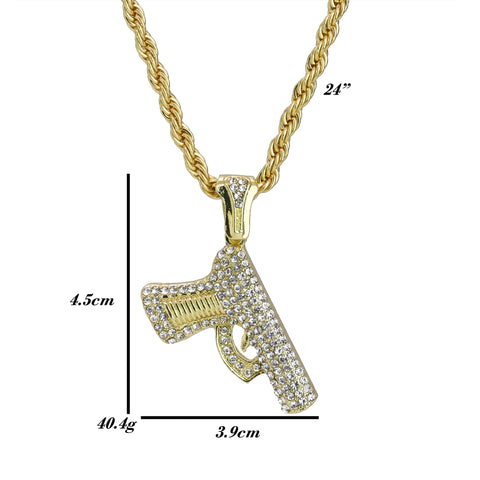 Iced Pistole Pendant 24"Rope Chain Hip Hop Style 18k Gold Plated Necklace