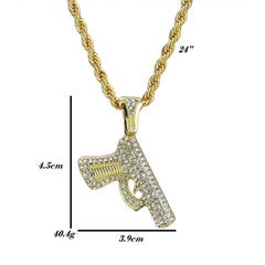 Iced Pistole Pendant 24"Rope Chain Hip Hop Style 18k Gold Plated Necklace