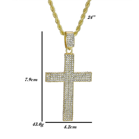Cz Long 4 Row Cross Pendant 24" Rope Chain Hip Hop Style 18k Gold Plated