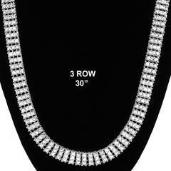 3 ROW ICED-OUT TENNIS SILVER/CLEAR CHAIN 30"