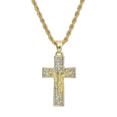 Micro 3 Row Jesus Cross Pendant 24" Rope Chain Hip Hop Style 18k Gold PT