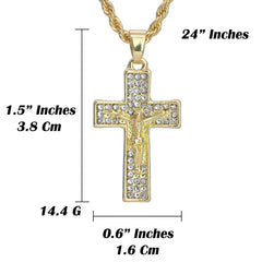 Micro 3 Row Jesus Cross Pendant 24" Rope Chain Hip Hop Style 18k Gold PT