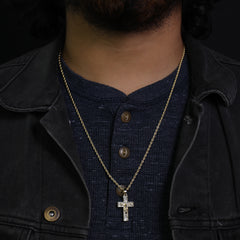 Micro 3 Row Jesus Cross Pendant 24" Rope Chain Hip Hop Style 18k Gold PT