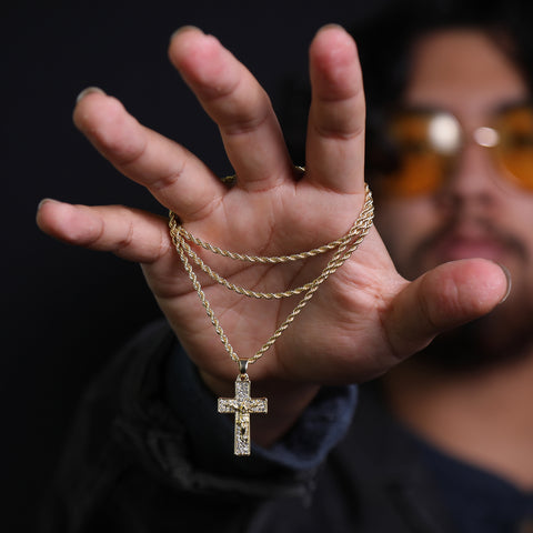 Micro 3 Row Jesus Cross Pendant 24" Rope Chain Hip Hop Style 18k Gold PT