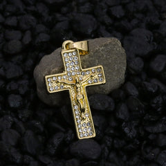 Micro 3 Row Jesus Cross Pendant 24" Rope Chain Hip Hop Style 18k Gold PT