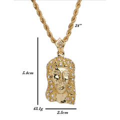 Iced Religious Jesus Face Piece Pendant 24 Rope Chain Hip Hop 18k Jewelry Necklace