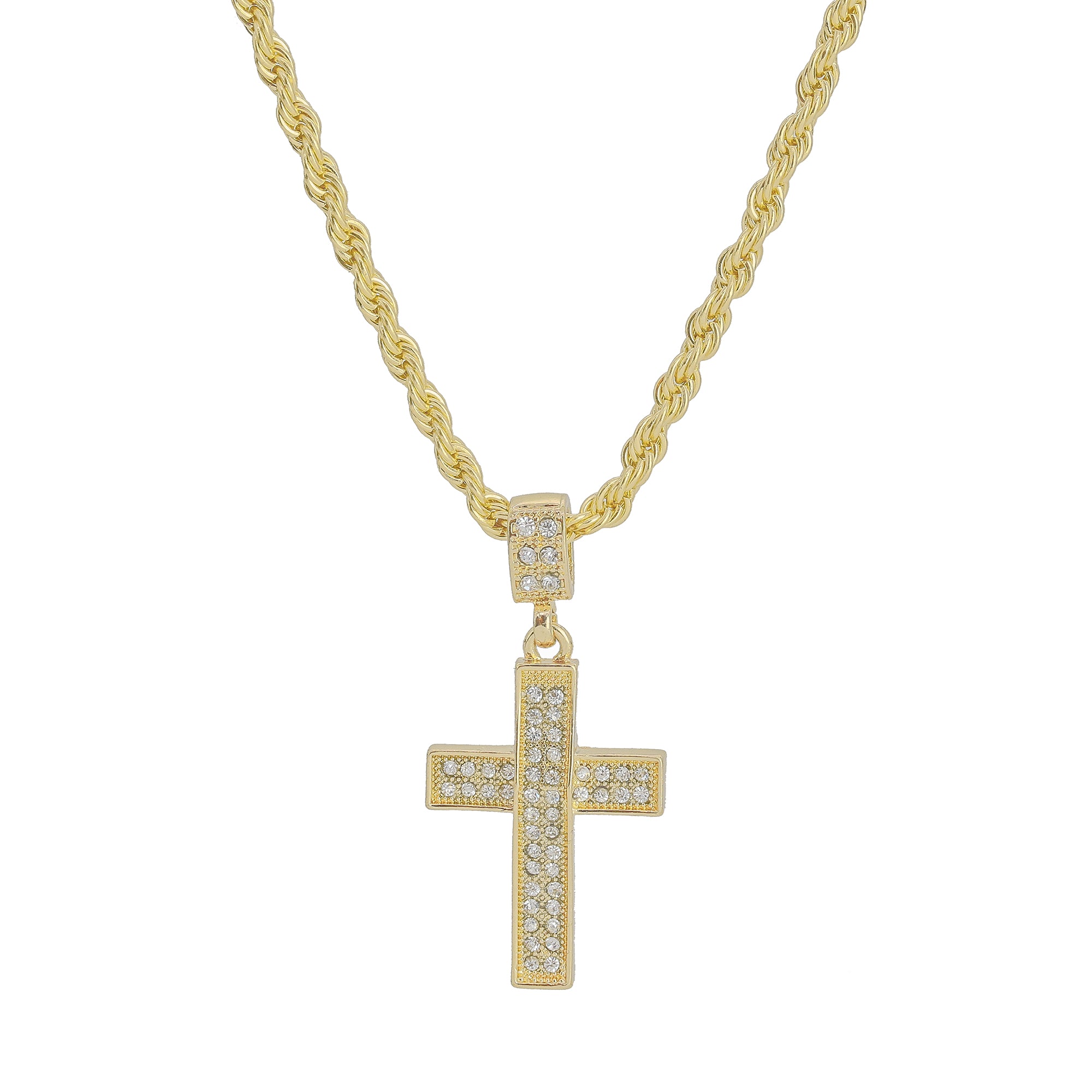 3d 2 Row Cross Pendant 4mm 24" Rope Chain 18k Gold Plated
