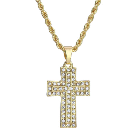 Iced Micro 3D Cross Pendant 24" Rope Chain Hip Hop Style 18k Gold PT