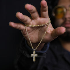 Iced Micro 3D Cross Pendant 24" Rope Chain Hip Hop Style 18k Gold PT