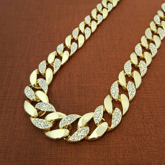 Gold Plated Cuban Half Cz Chain Necklace 15mm 30" Inches