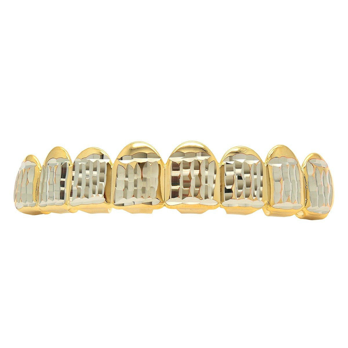 GOLD TOP GRILLZ 8 TOOTH DIAMOND CUT W/ SILVER