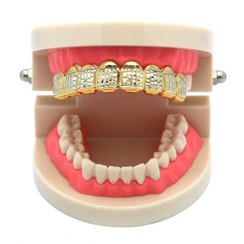 GOLD TOP GRILLZ 8 TOOTH DIAMOND CUT W/ SILVER