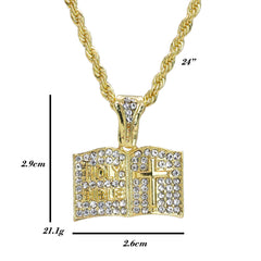 Iced Micro Holy Bible Pendant 24" Rope Chain Hip Hop Style 18k Gold PT