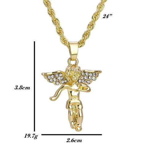 Iced Micro Dancing Angel Pendant 24" Rope Chain Hip Hop Style 18k Gold PT
