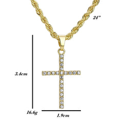 Iced Micro Thin 1 Line Cross Pendant 24" Rope Chain Hip Hop Style 18k Gold PT