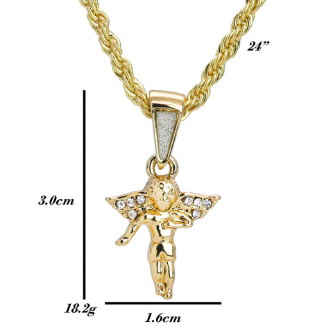 Iced Micro Mini Dancing Angel Pendant 24" Rope Chain Hip Hop Style 18k Gold PT