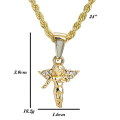 Iced Micro Mini Dancing Angel Pendant 24" Rope Chain Hip Hop Style 18k Gold PT