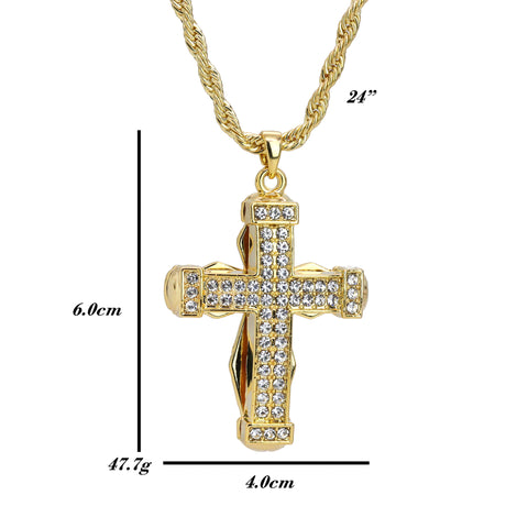 Iced 3D Staple Cross Crucifix Pendant 24" Rope Chain Hip Hop Style 18k Gold PT