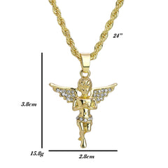 Iced Micro Praying Angel Pendant 24" Rope Chain Hip Hop Style 18k Gold PT