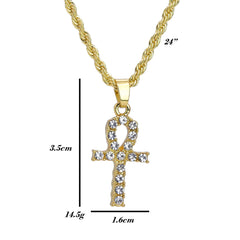 Iced Micro Egyptian Ankh Cross Pendant 24" Rope Chain Hip Hop Style 18k Gold PT