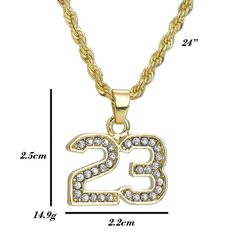 Iced Micro #23 Pendant 24" Rope Chain Hip Hop Style 18k Gold PT Necklace