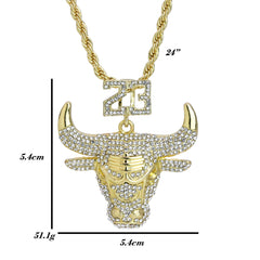 Iced Big 23 Bull Pendant 24"Rope Chain Hip Hop Style 18k Gold Plated