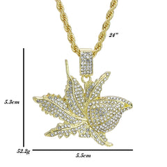 Iced Marijuana Leaf Pendant 24"Rope Chain Hip Hop Style 18k Gold Plated