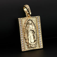 Catholic Square Guadalupe Pendant Cubic-Zirconia Gold Plated 18" Cuban Chain
