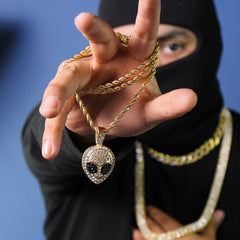 Black Eyes Alien Face Pendant Rope Chain Men's Hip Hop 18k Cz Jewelry