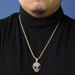 Black Eyes Alien Face Pendant Rope Chain Men's Hip Hop 18k Cz Jewelry