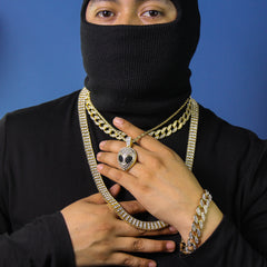 Black Eyes Alien Face Pendant Rope Chain Men's Hip Hop 18k Cz Jewelry