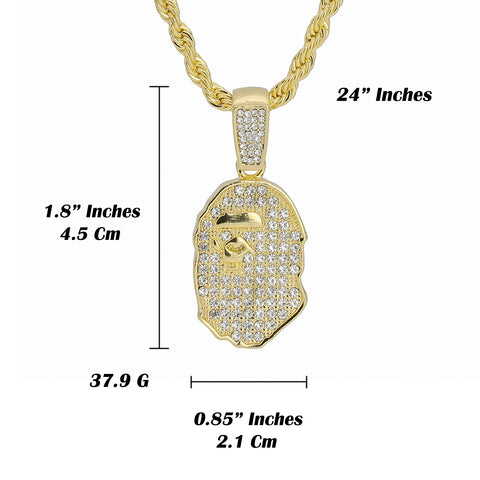 Bape Ape Pendant 24" Rope Chain Hip Hop 18k Jewelry