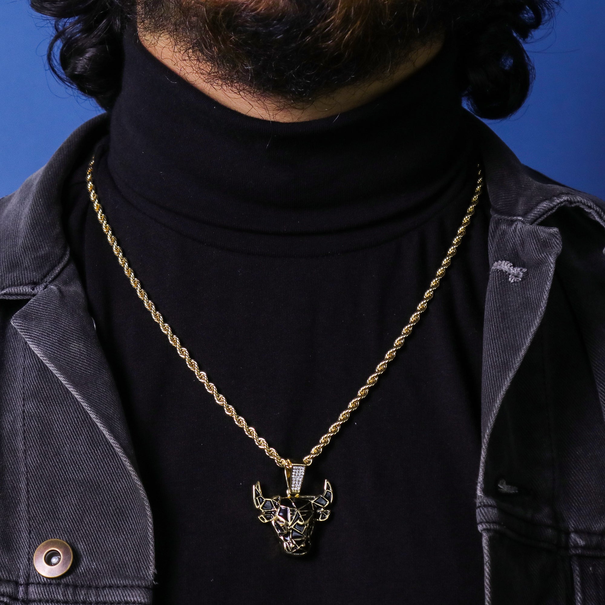Black & Gold Bull Pendant 24" Rope Chain Hip Hop 18k Jewelry